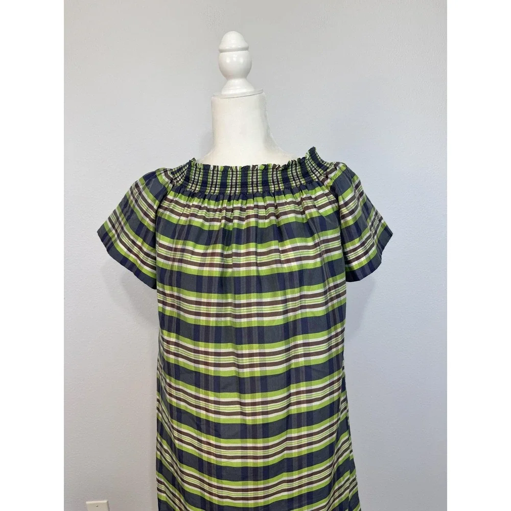 J.Crew Dress Women's Size 2 Green Plaid Off Shoulder Yarn Dyed Silk Shift - Picture 4 of 16
